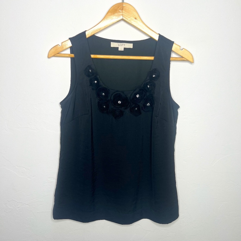 Loft Blouse with Rosette Neckline Detail Feminine Girly Classic Black Shirt